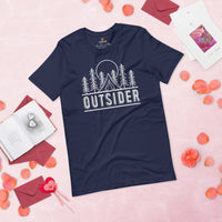 Outsider Adventure Awaits T-Shirt | Campsite Vibes, Campfire & Happy Camper Tee for Glamping Lovers & Wilderness Nature Enthusiasts - Navy