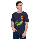 Fishing & PFG T-Shirt - Gift for Fisherman & Beer Lovers - Funny Bass Drinking Beer Sarcastic Geeky Shirt - Flying Fishing Shirt - Navy