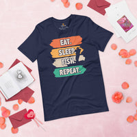 Fly-Fishing & PFG T-Shirt - Gift for Fisherman - Bass Masters & Pros Shirt - Eat Sleep Fish Repeat 80s Retro Aesthetic Shirt - Navy