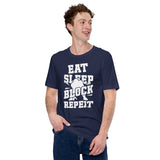 Football Fanatic Vintage Graphic T-Shirt - Gift Ideas for Football Fans - Retro Style Game Day Shirt - Eat Sleep Block Repeat Shirt - Navy