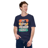 Football Fanatic Vintage Graphic T-Shirt - Gift Ideas for Football Fans - 80s Retro Eat Sleep Football Repeat Aesthetic Shirt - Navy