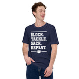 Football Fanatic Vintage Graphic T-Shirt - Gift Ideas for Football Fans - Funny Game Day Shirt - Block Tackle Sack Repeat Shirt - Navy