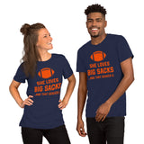 Funny Football Fanatic T-Shirt - She Loves Big Sacks & That Denver D Shirt - Ideal Gifts for Football Fans - Game Day Sarcastic Shirt - Navy, Unisex