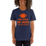 Funny Football Fanatic T-Shirt - She Loves Big Sacks & That Denver D Shirt - Ideal Gifts for Football Fans - Game Day Sarcastic Shirt - Navy, Women