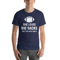 Funny Football Fanatic T-Shirt - She Loves Big Sacks & That New York D Shirt - Ideal Gifts for Football Fans - Game Day Sarcastic Shirt - Navy, Men