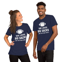 Funny Football Fanatic T-Shirt - She Loves Big Sacks & That New York D Shirt - Ideal Gifts for Football Fans - Game Day Sarcastic Shirt - Navy, Unisex