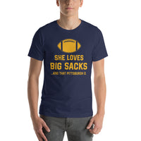 Funny Football Fanatic T-Shirt - She Loves Big Sacks And That Pittsburgh D Shirt - Ideal Gifts for Football Fans - Game Day Shirt - Navy, Men