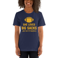 Funny Football Fanatic T-Shirt - She Loves Big Sacks And That Pittsburgh D Shirt - Ideal Gifts for Football Fans - Game Day Shirt - Navy, Women