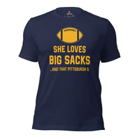 Funny Football Fanatic T-Shirt - She Loves Big Sacks And That Pittsburgh D Shirt - Ideal Gifts for Football Fans - Game Day Shirt - Navy