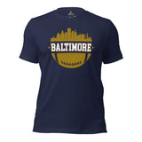 Baltimore Skyline Football Fanatic Vintage Graphic Shirt: Gift Ideas for Him & Her, Football Fans - Retro Style Game Day Shirt - Navy