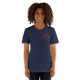 Happy Smiley Face Emoji T-Shirt - Denver Football Fanatic Vintage Graphic Shirt: Gift for Him & Her, Football Fans - Game Day Shirt - Navy, Women, Front