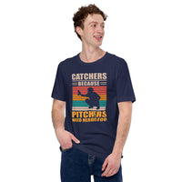 Funny Baseball T-Shirt - Gift Ideas for Him & Her, Baseball Lovers & Enthusiasts - Catchers Because Pitchers Need Heroes Too Shirt - Navy