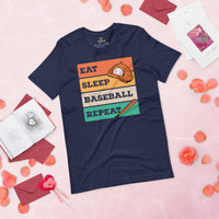Retro Baseball T-Shirt - Gift Ideas for Him & Her, Baseball Lovers & Enthusiasts - Eat Sleep Baseball Repeat Shirt - Game Day Tees - Navy