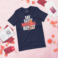 Funny Baseball T-Shirt - Gift Ideas for Him & Her, Baseball Lovers & Enthusiasts - Eat Sleep Baseball Repeat Shirt - Game Day Tee - Navy