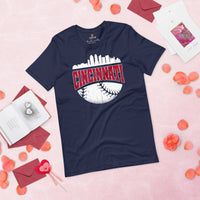 Vintage Cincinnati Skyline Baseball Fanatic Shirt: Gift Ideas for Him & Her, Baseball Lovers & Enthusiasts - Retro Style Game Day Shirt - Navy