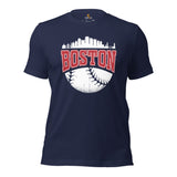 Vintage Boston Skyline Baseball Fanatic Shirt: Gift Ideas for Him & Her, Baseball Lovers & Enthusiasts - Retro Style Game Day Tee - Navy