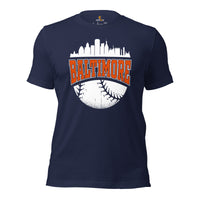 Vintage Baltimore Skyline Baseball Fanatic Shirt: Gift Ideas for Him & Her, Baseball Lovers & Enthusiasts - Retro Game Day Tee - Navy