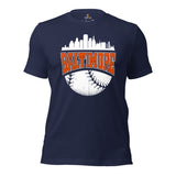 Vintage Baltimore Skyline Baseball Fanatic Shirt: Gift Ideas for Him & Her, Baseball Lovers & Enthusiasts - Retro Game Day Tee - Navy
