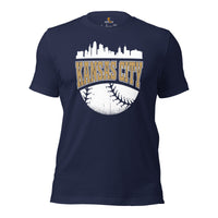 Vintage Kansas City Skyline Baseball Fanatic Shirt: Gift Ideas for Him & Her, Baseball Lovers & Enthusiasts - Retro Style Game Day Tee - Navy