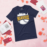 Vintage Milwaukee Skyline Baseball Fanatic Shirt: Gift Ideas for Him & Her, Baseball Lovers & Enthusiasts - Retro Style Game Day Shirt - Navy