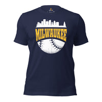 Vintage Milwaukee Skyline Baseball Fanatic Shirt: Gift Ideas for Him & Her, Baseball Lovers & Enthusiasts - Retro Style Game Day Shirt - Navy