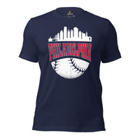 Vintage Philadelphia Skyline Baseball Fanatic Shirt: Gift Ideas for Him & Her, Baseball Lovers & Enthusiasts - Retro Style Game Day Tee - Navy