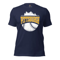 Vintage Pittsburgh Skyline Baseball Fanatic Shirt: Gift Ideas for Him & Her, Baseball Lovers & Enthusiasts - Retro Style Game Day Tee - Navy