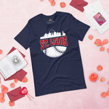 Vintage St. Louis Skyline Baseball Fanatic Shirt: Gift Ideas for Him & Her, Baseball Lovers & Enthusiasts - Retro Style Game Day Shirt - Navy