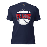 Vintage St. Louis Skyline Baseball Fanatic Shirt: Gift Ideas for Him & Her, Baseball Lovers & Enthusiasts - Retro Style Game Day Shirt - Navy