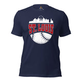 Vintage St. Louis Skyline Baseball Fanatic Shirt: Gift Ideas for Him & Her, Baseball Lovers & Enthusiasts - Retro Style Game Day Shirt - Navy