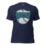 Vintage Seattle Skyline Baseball Fanatic Shirt: Gift Ideas for Him & Her, Baseball Lovers & Enthusiasts - Retro Style Game Day Shirt - Navy
