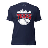Vintage Texas Skyline Baseball Fanatic Shirt: Gift Ideas for Him & Her, Baseball Lovers & Enthusiasts - Retro Style Game Day Tee - Navy