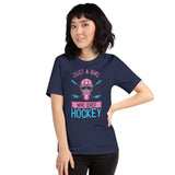 Hockey Jersey, Game Outfit & Attire - Bday & Christmas Gifts for Hockey Players & Goalies - Funny Just A Girl Who Loves Hockey T-Shirt - Navy