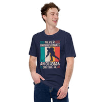 Hockey Game Outfit & Attire - Ideal Bday & Christmas Gifts for Hockey Players - Funny Never Underestimate An Old Man On The Ice T-Shirt - Navy