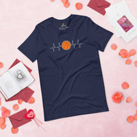 Birthday & Christmas Gift Ideas for Basketball Lovers, Coach & Players - Senior Night, Game Outfit & Attire - Basketball Heartbeat Tee - Navy