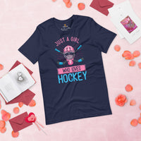 Hockey Jersey, Game Outfit & Attire - Bday & Christmas Gifts for Hockey Players & Goalies - Funny Just A Girl Who Loves Hockey T-Shirt - Navy