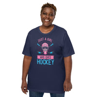 Hockey Jersey, Game Outfit & Attire - Bday & Christmas Gifts for Hockey Players & Goalies - Funny Just A Girl Who Loves Hockey T-Shirt - Navy, Plus Size