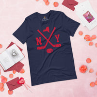 Hockey Game Outfit & Attire - Bday & Christmas Gift Ideas for Hockey Players & Goalies - Retro New York Hockey Emblem Fanatic Shirt - Navy
