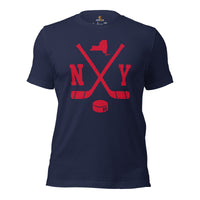 Hockey Game Outfit & Attire - Bday & Christmas Gift Ideas for Hockey Players & Goalies - Retro New York Hockey Emblem Fanatic Shirt - Navy