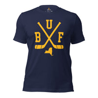 Hockey Game Outfit & Attire - Bday & Christmas Gift Ideas for Hockey Players & Goalies - Retro Buffalo Hockey Emblem Fanatic T-Shirt - Navy