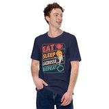 Lax T-Shirt & Clothting - Lacrosse Gifts for Coach & Players - Ideas for Guys, Men & Women - 80s Retro Eat Sleep Lacrosse Repeat Tee - Navy
