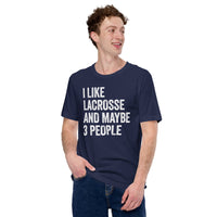 Lax T-Shirt & Clothting - Lacrosse Gifts for Coach & Players - Ideas for Guys, Men & Women - Funny I Like Lacrosse & Maybe 3 People Tee - Navy