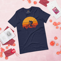 Cycling Gear - MTB Clothing - Mountain Bike Attire, Outfits, Apparel - Gifts for Cyclists - Retro Sunset Downhill Mountain Bike T-Shirt - Navy