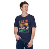 Fishing & Vacation Shirt, Outfit - Boat Party Attire - Gift for Boat Owner, Boater, Fisherman - 80s Retro Eat Sleep Boat Repeat T-Shirt - Navy