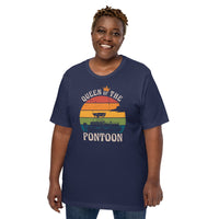 Fishing & Sailing Vacation Shirt, Outfit - Boat Party Attire - Gift for Boat Owner, Boater, Fisherman - Retro Queen of The Pontoon Tee - Navy, Plus Size