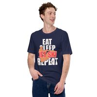 Jet Ski Surfing Shirt & Gear - Beach Vacation Outfit, Attire - Gift Ideas for Surfer, Outdoorsman - Funny Eat Sleep Jet Ski Repeat Tee - Navy
