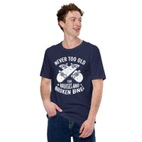 Skateboard Streetwear Outfit, Attire - Skate Shirt, Wear - Gifts for Skateboarders - Funny Never Too Old For Bruises & Broken Bones Tee - Navy