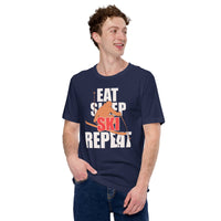 Skiing Shirt - Men's & Women's Snow Ski Attire, Wear, Clothes, Outfit - Gift, Present Ideas for Skiers - Funny Eat Sleep Ski Repeat Tee - Navy