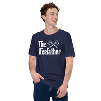 Lumberjack T-Shirt - Gifts for Loggers, Carpenters, Axe Throwers - Logging, Axe Throwing, Carpentry Outfit, Clothes - The Axefather Tee - Navy