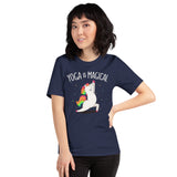 Yoga & Pilates Shirts, Wear, Clothes, Outfits, Attire & Apparel - Gifts for Yoga Lovers, Teacher - Yoga Is Magical Adorable Unicorn Tee - Navy